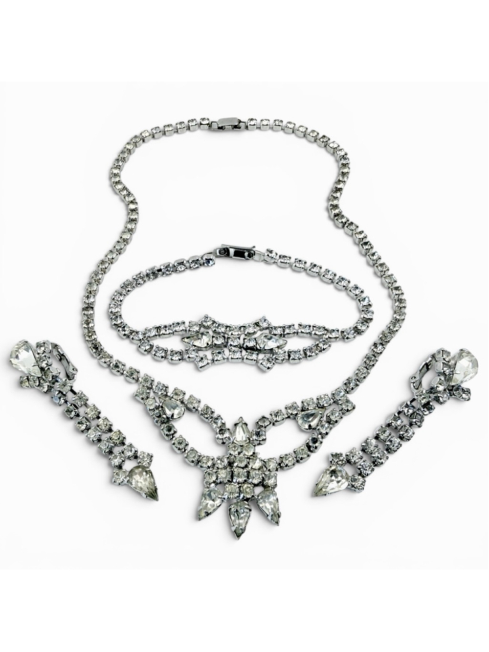 Vintage Rhinestone Jewelry Set Necklace Bracelet Earrings, Clear Crystal Bridal